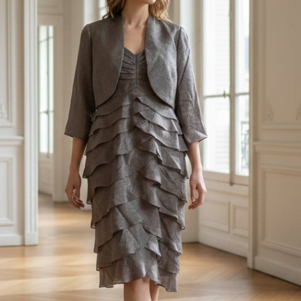 Adrianna Papell Shimmery Taupe Shutter Ruffled Dress & Bolero Jacket 14W